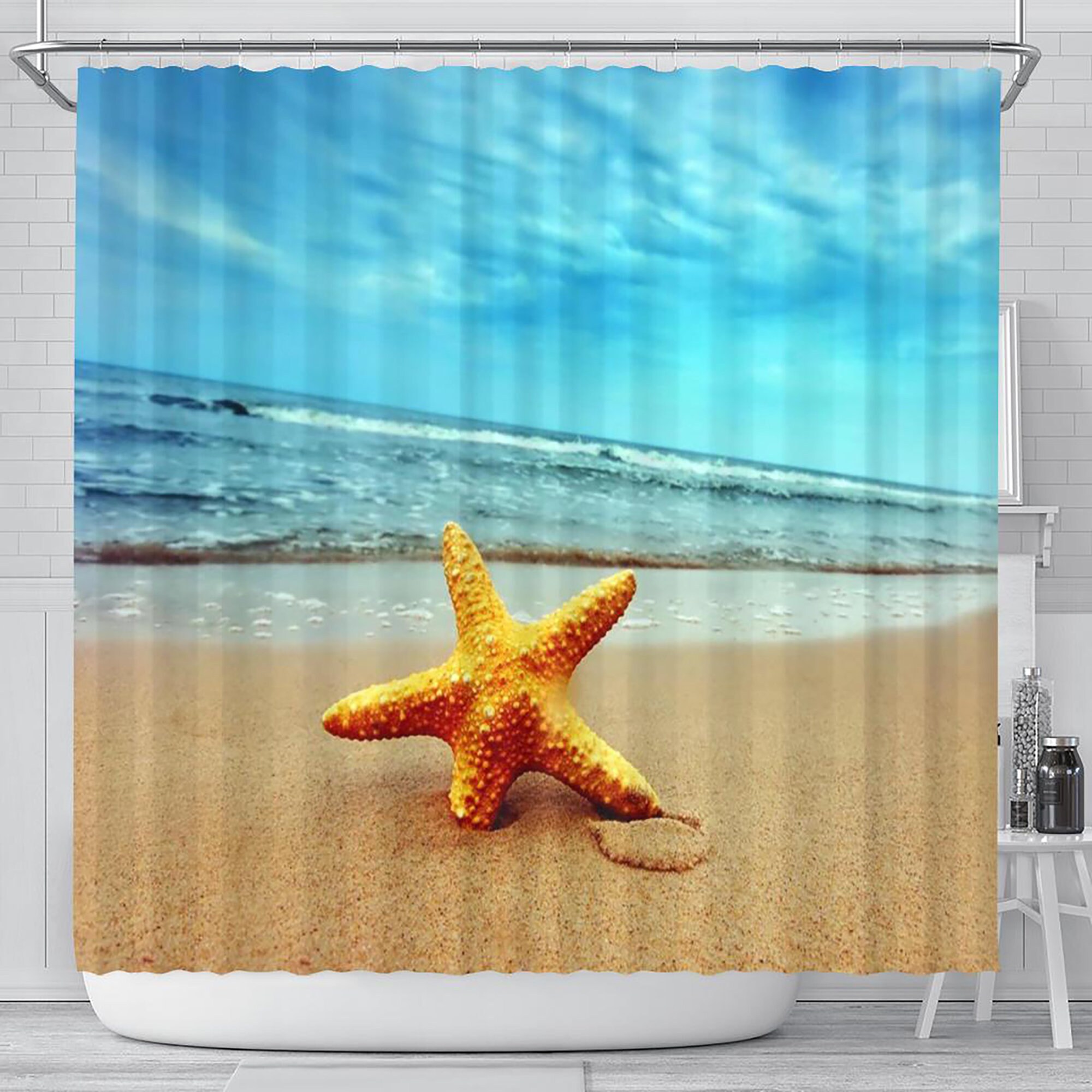 Beach Shower Curtain with Starfish, Ocean View and Artwork for Vibrant Bathroom Decor