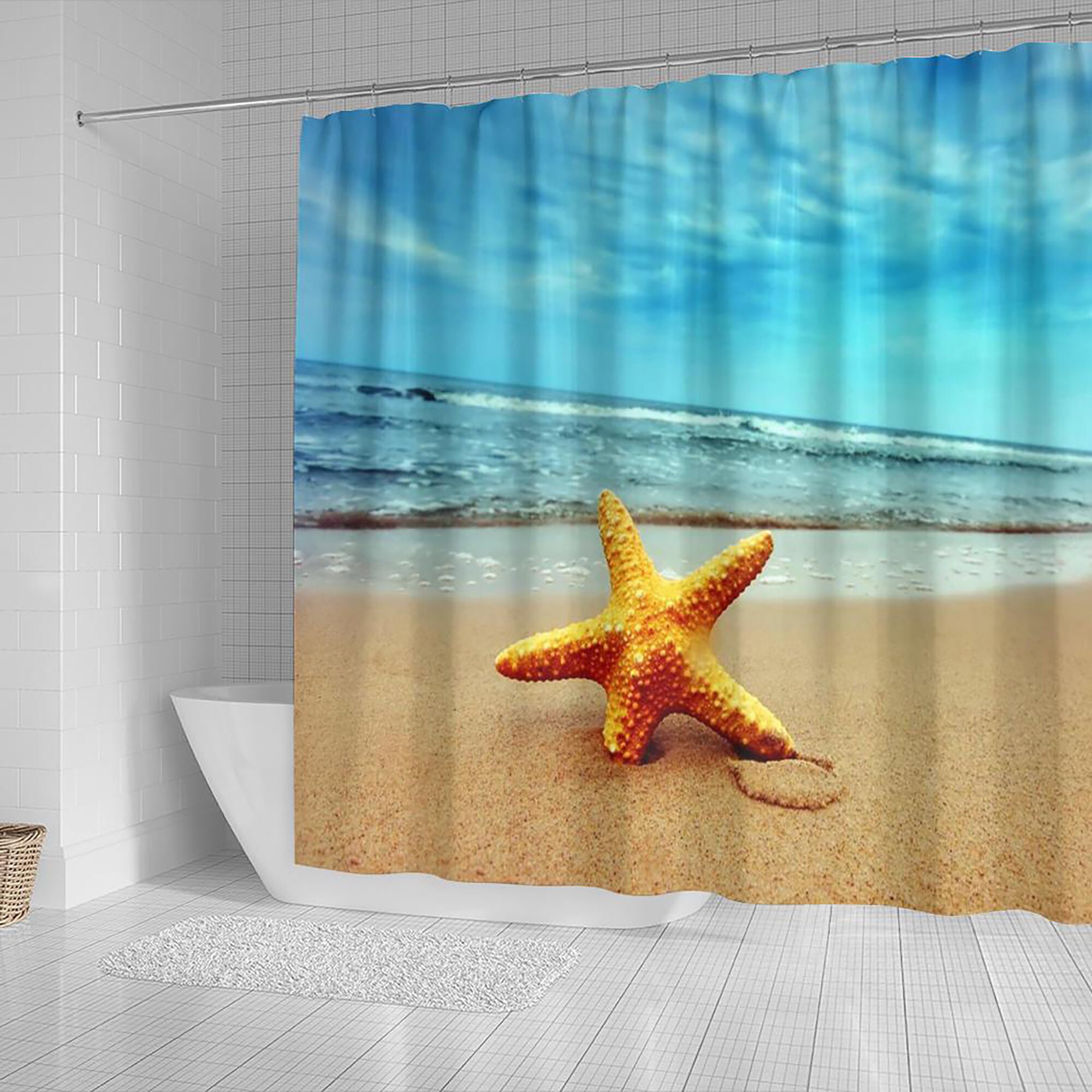 Beach Shower Curtain with Starfish, Ocean View and Artwork for Vibrant Bathroom Decor