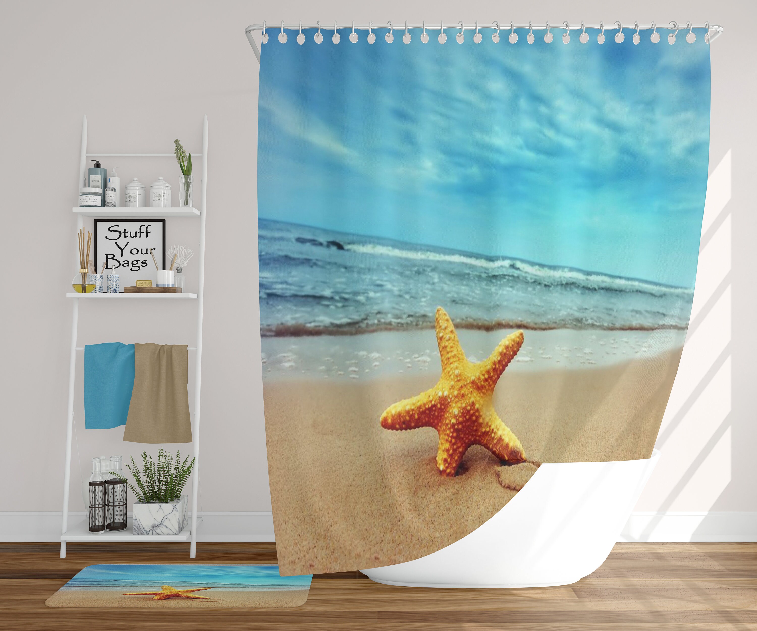 Beach Shower Curtain with Starfish, Ocean View and Artwork for Vibrant Bathroom Decor