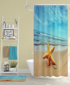 Beach Shower Curtain with Starfish, Ocean View and Artwork for Vibrant Bathroom Decor