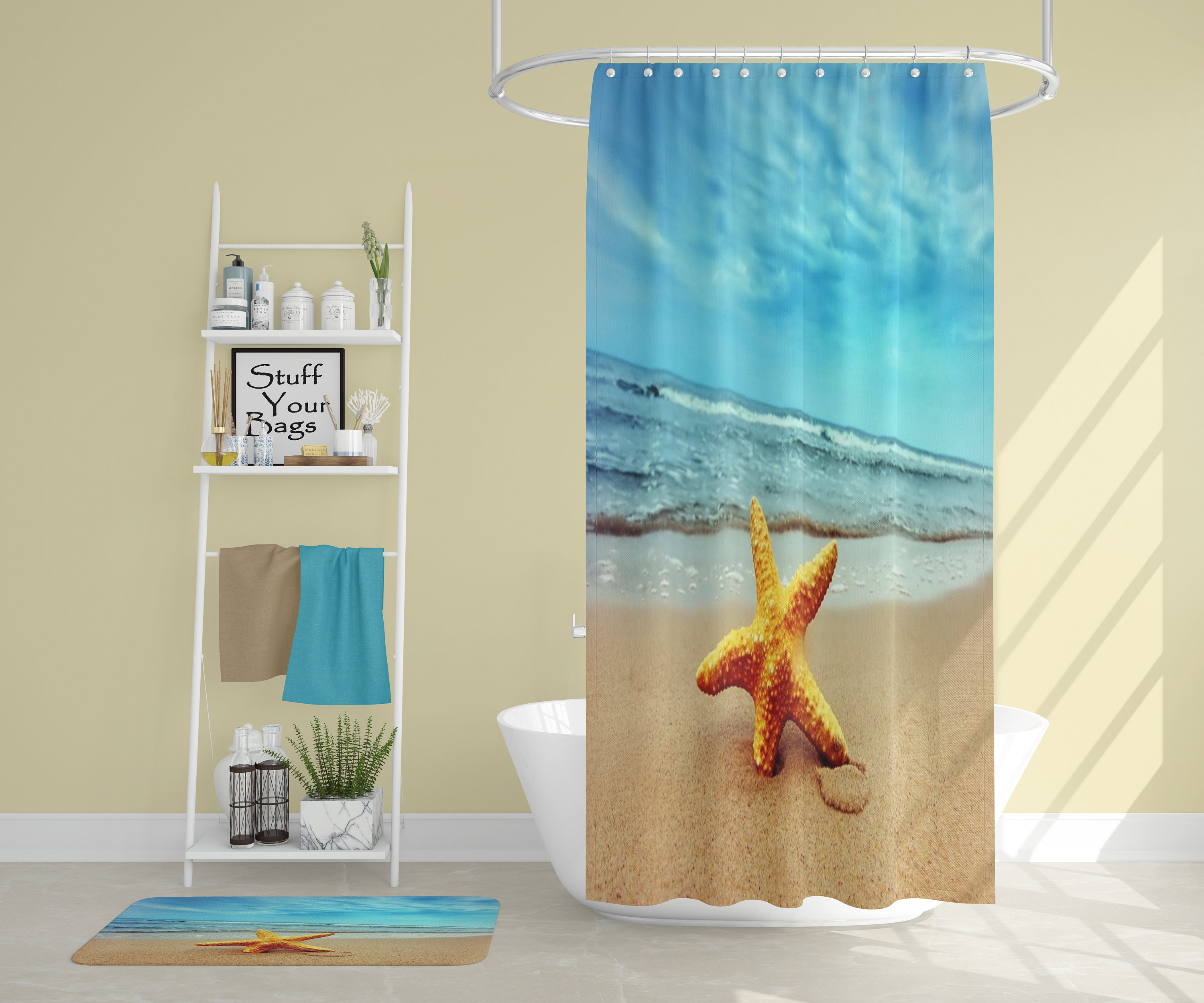 Beach Shower Curtain with Starfish, Ocean View and Artwork for Vibrant Bathroom Decor