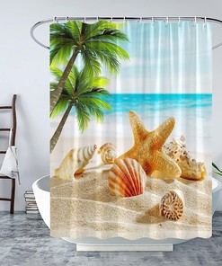 Beach Starfish Shower Curtain Palm Leaves Seashell Conch Ocean Scene, Summer Nature Island Landscape Hawaiian Curtain