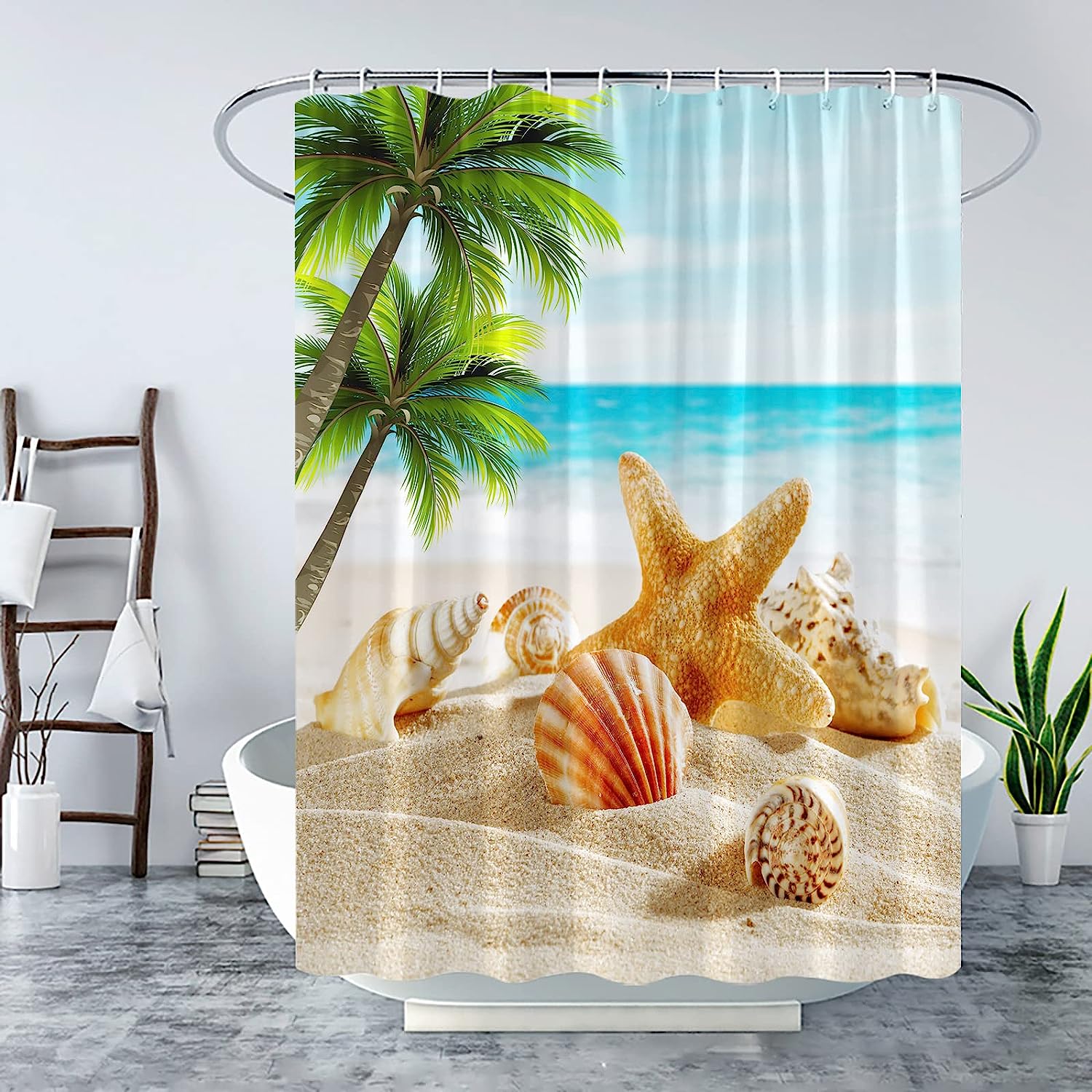 Beach Starfish Shower Curtain Palm Leaves Seashell Conch Ocean Scene, Summer Nature Island Landscape Hawaiian Curtain