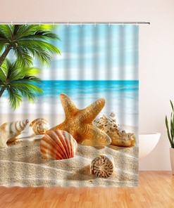 Beach Starfish Shower Curtain Palm Leaves Seashell Conch Ocean Scene, Summer Nature Island Landscape Hawaiian Curtain
