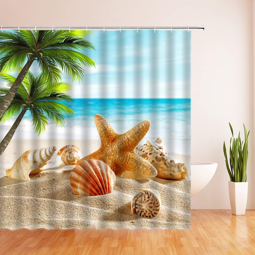 Beach Starfish Shower Curtain Palm Leaves Seashell Conch Ocean Scene, Summer Nature Island Landscape Hawaiian Curtain