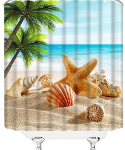 Beach Starfish Shower Curtain Palm Leaves Seashell Conch Ocean Scene, Summer Nature Island Landscape Hawaiian Curtain