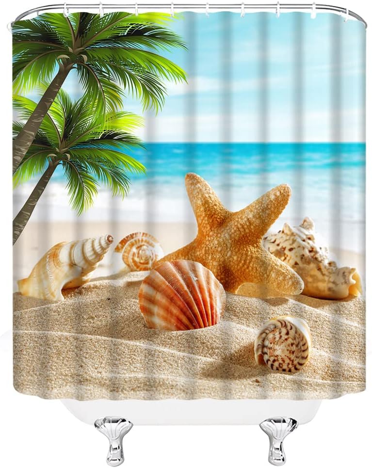 Beach Starfish Shower Curtain Palm Leaves Seashell Conch Ocean Scene, Summer Nature Island Landscape Hawaiian Curtain