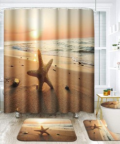 Beach Sunset Shower Curtain | Starfish Travel Ocean Blue Bathroom Decor