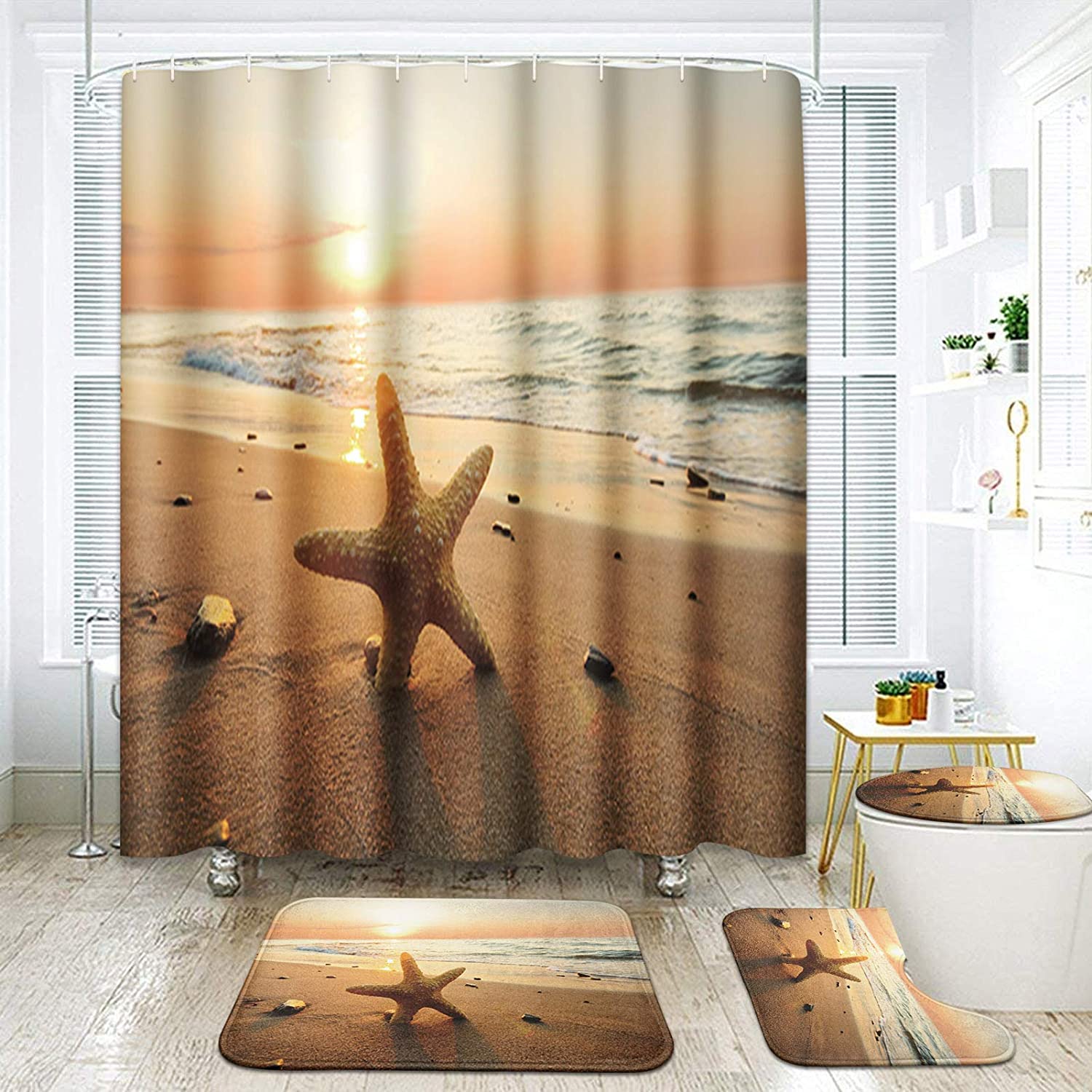 Beach Sunset Shower Curtain | Starfish Travel Ocean Blue Bathroom Decor
