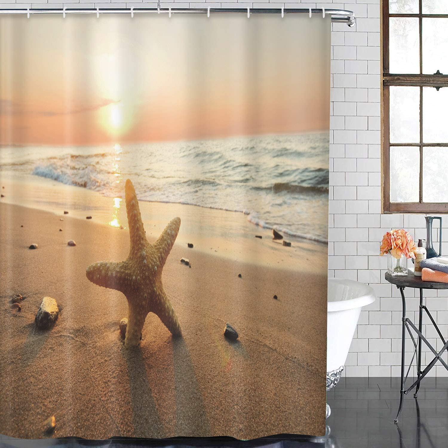 Beach Sunset Shower Curtain | Starfish Travel Ocean Blue Bathroom Decor - Image 2