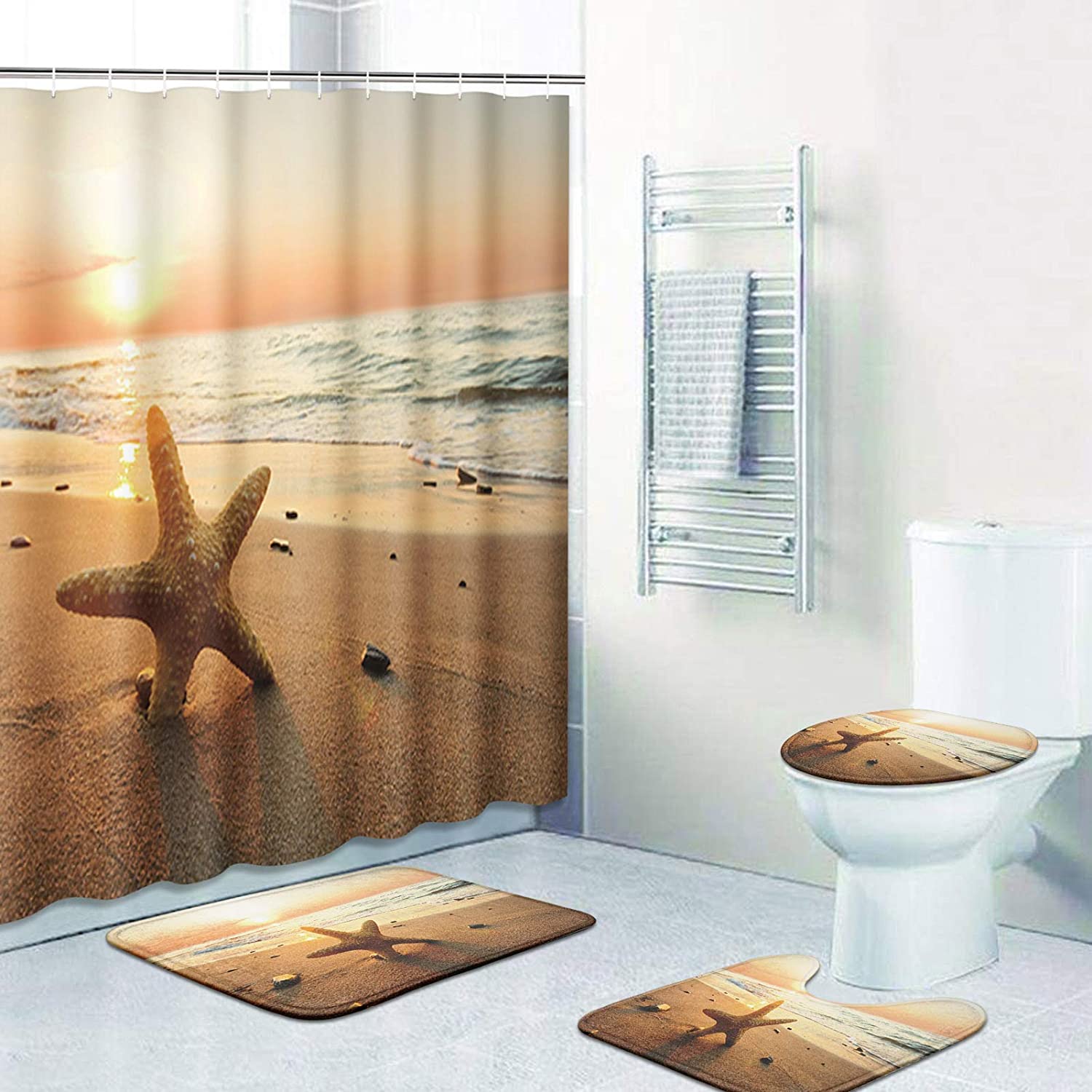 Beach Sunset Shower Curtain | Starfish Travel Ocean Blue Bathroom Decor - Image 3