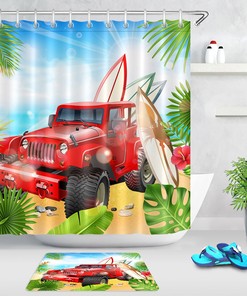 Beach Surfboards Summer Palm Leaves Waterproof Fabric Shower Curtain With Colorful Design