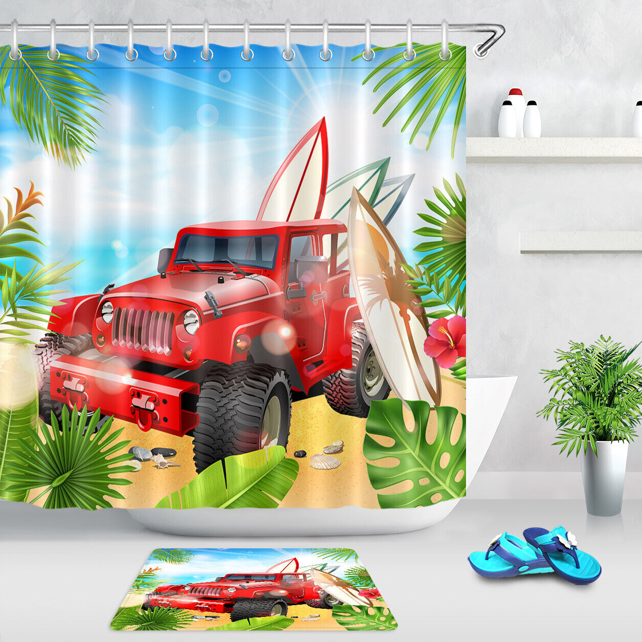 Beach Surfboards Summer Palm Leaves Waterproof Fabric Shower Curtain With Colorful Design