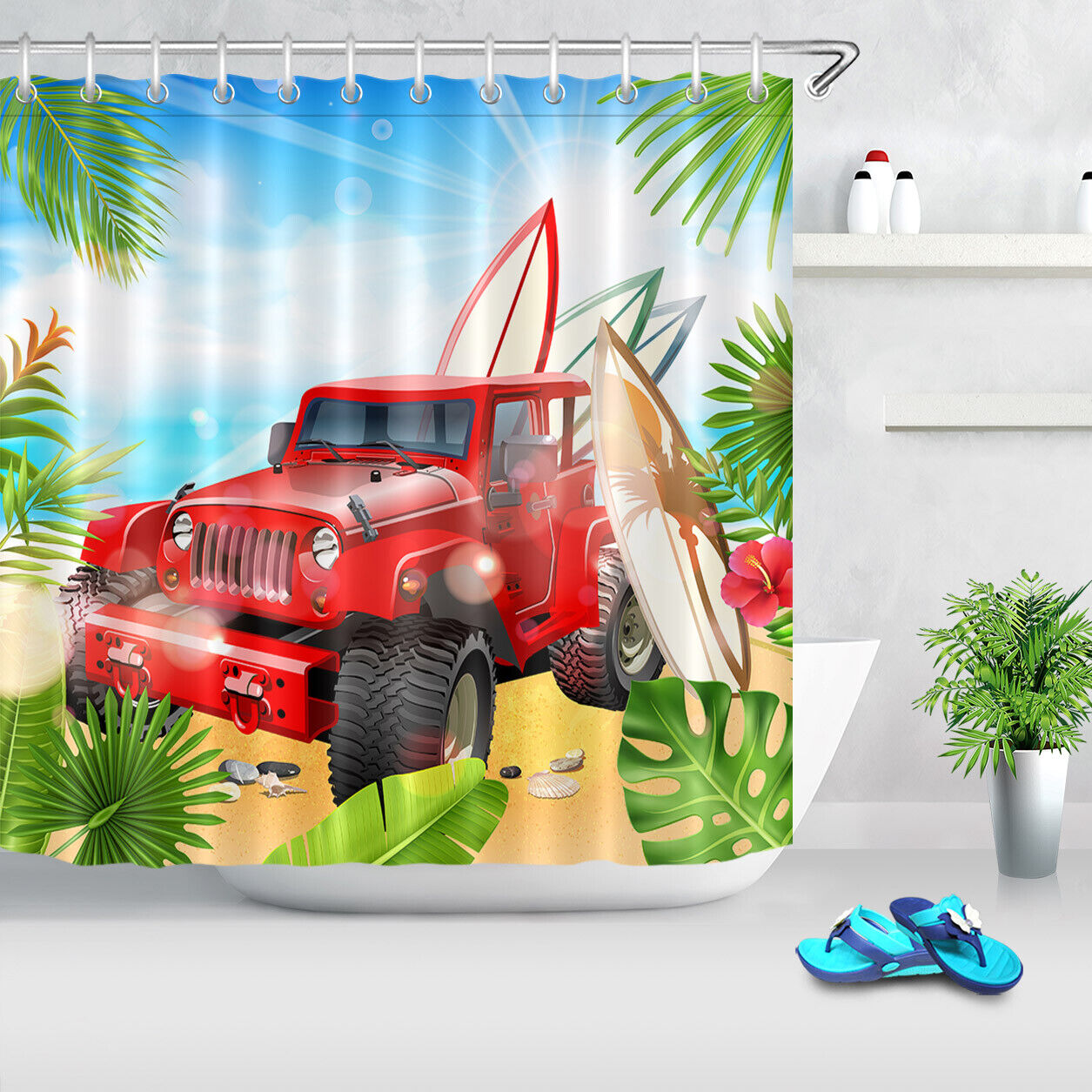 Beach Surfboards Summer Palm Leaves Waterproof Fabric Shower Curtain With Colorful Design - Image 2