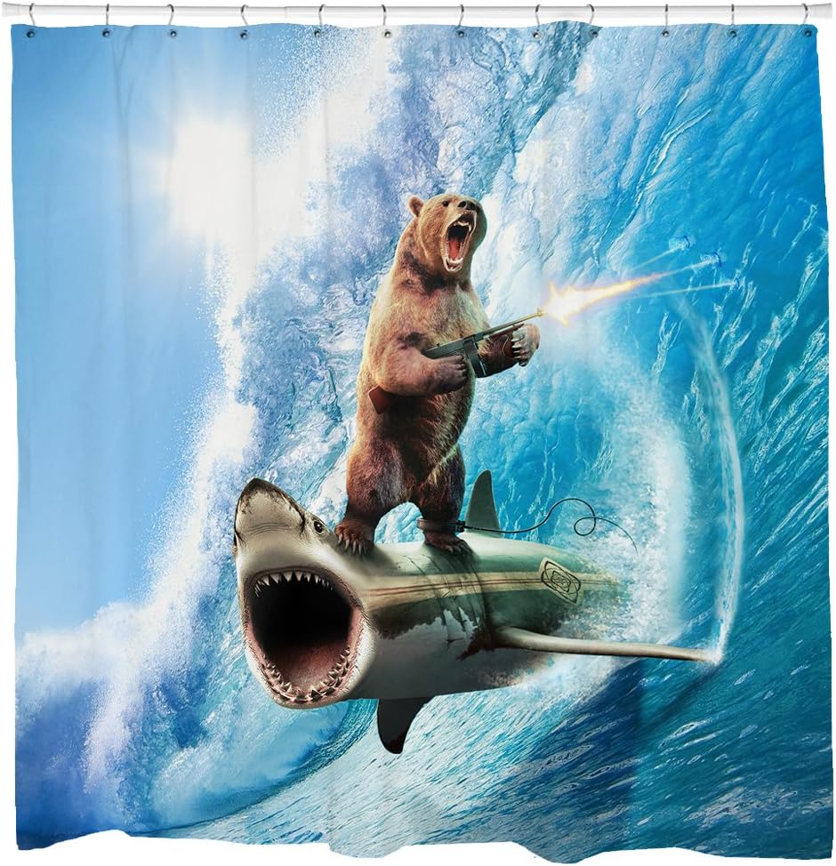 Beach Theme Blue Waves Ocean Art Bear Print Shower Curtain for Funny Bathroom Decor