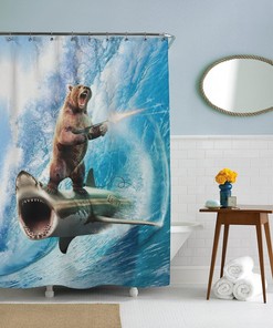 Beach Theme Blue Waves Ocean Art Bear Print Shower Curtain for Funny Bathroom Decor