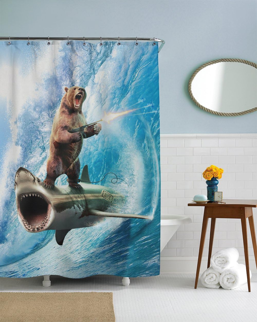 Beach Theme Blue Waves Ocean Art Bear Print Shower Curtain for Funny Bathroom Decor