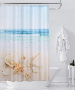 Beach Theme Shower Curtain Summer Seashells & Starfish Print
