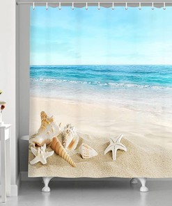 Beach Theme Shower Curtain with Starfish and Seashell Print for Tropical Bathroom