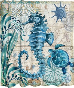 Beach Themed Blue Sea Turtle and Seahorse Fabric Shower Curtain