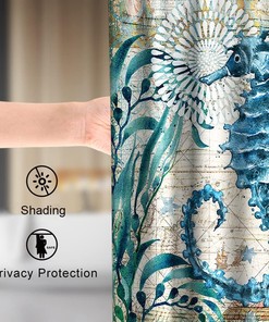 Beach Themed Blue Sea Turtle and Seahorse Fabric Shower Curtain