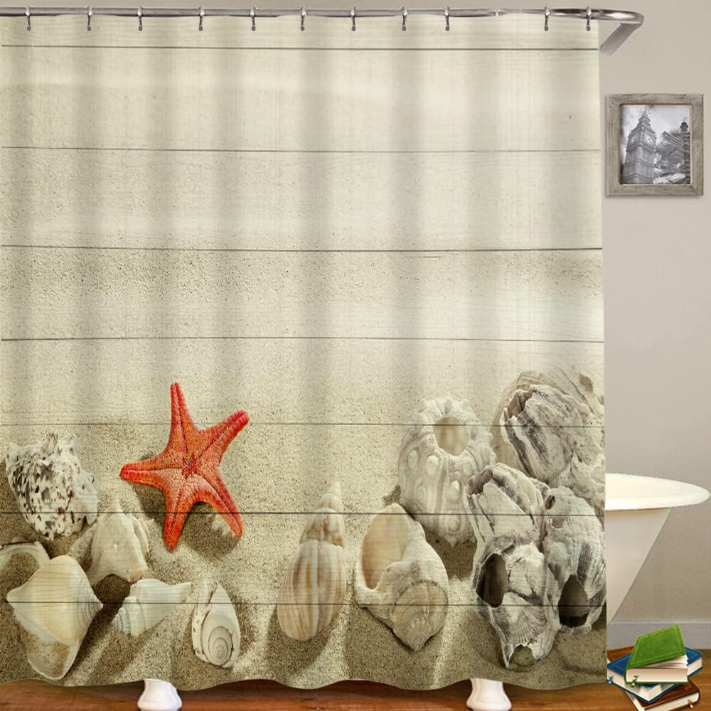 Beach Themed Starfish and Seashells on The Vintage Wood Background Shower Curtain