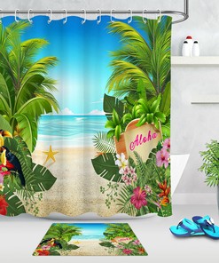 Beach Tropical Plants Shower Curtain - Waterproof Fabric Bathroom Decor with Green Leaves and Floral Prints