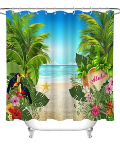 Beach Tropical Plants Shower Curtain - Waterproof Fabric Bathroom Decor with Green Leaves and Floral Prints