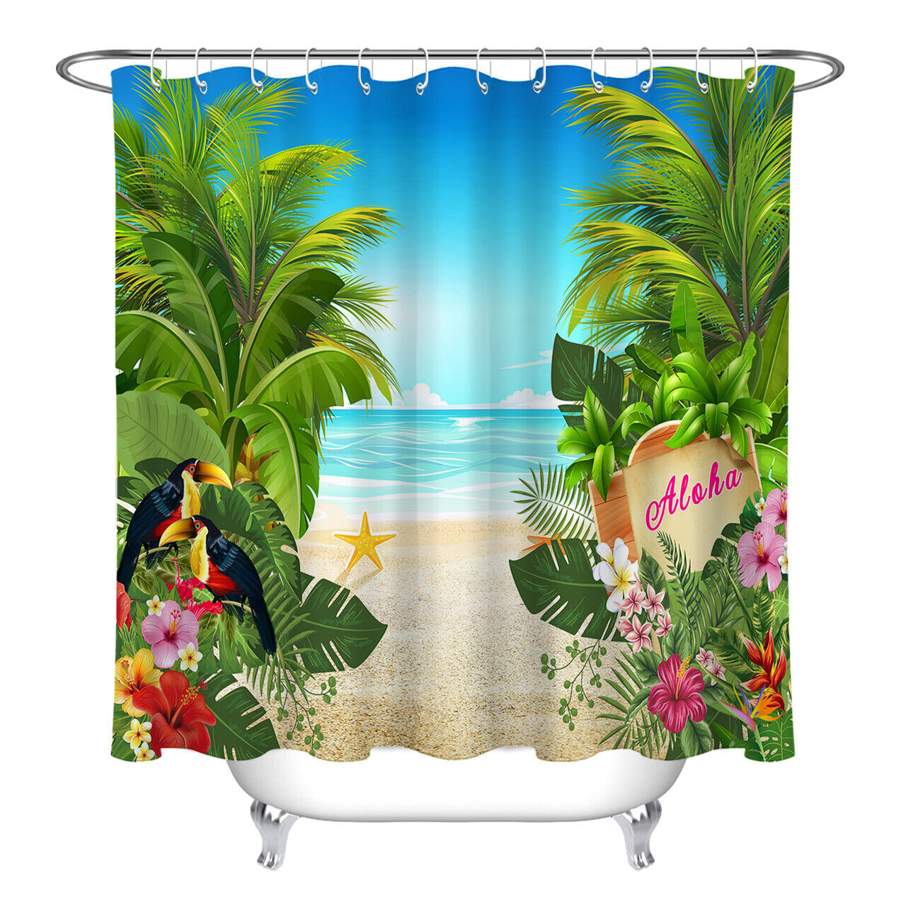 Beach Tropical Plants Shower Curtain - Waterproof Fabric Bathroom Decor with Green Leaves and Floral Prints