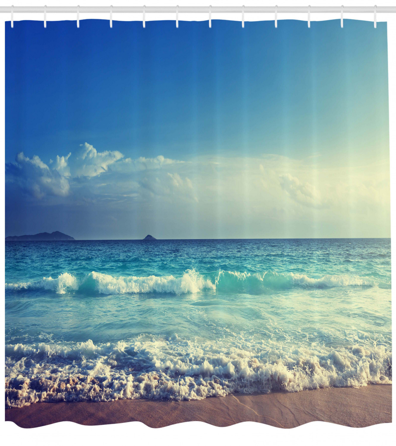 Beach Waves Shower Curtain with Tropical Print for Coastal Bathroom Decor