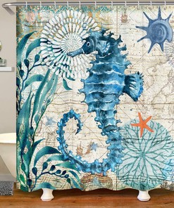 Beach-Themed Green Seahorse Shower Curtain for Nautical Bathroom Decor