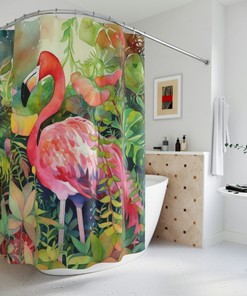 Beachy Flamingo Theme Bathroom Curtain For A Coastal Vibe