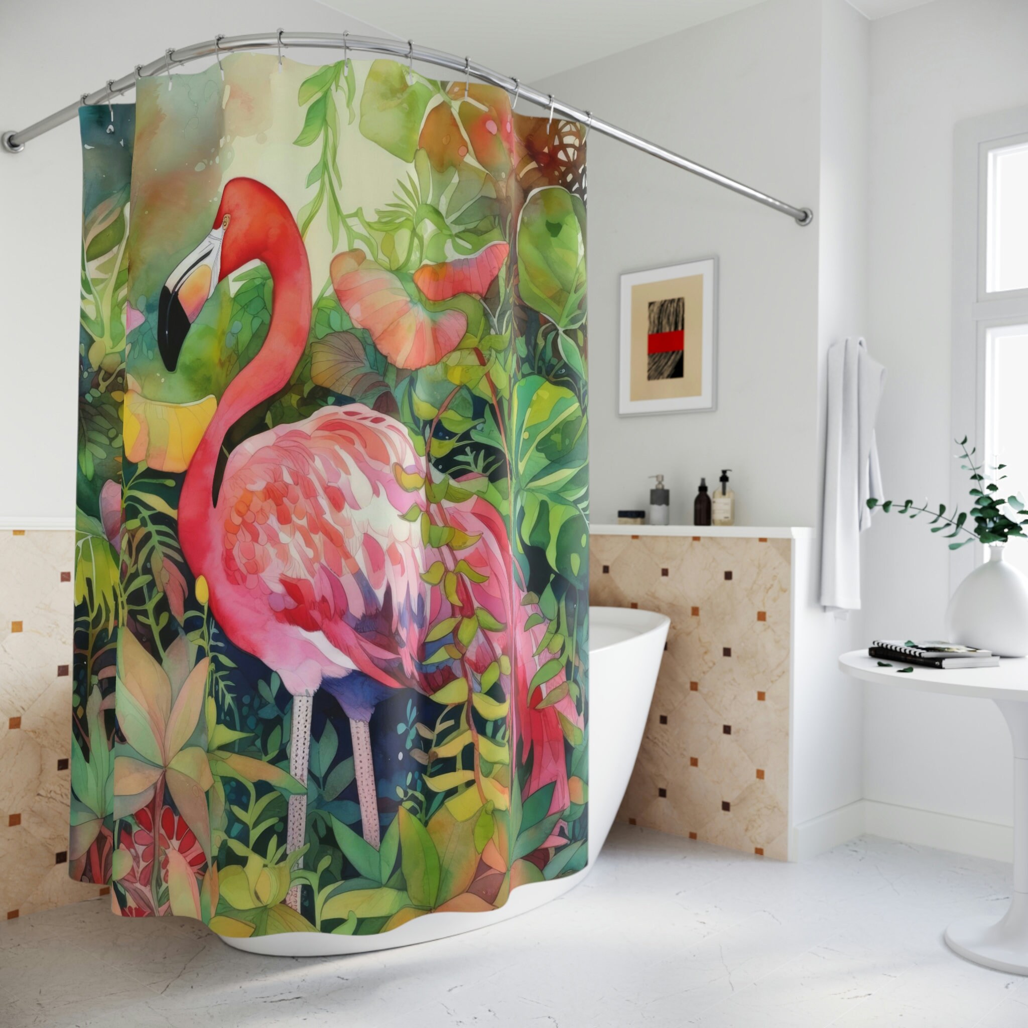 Beachy Flamingo Theme Bathroom Curtain For A Coastal Vibe