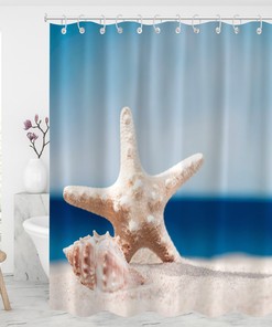 Beachy Marine Life Shower Curtain With Starfish And Conch Print For A Seaside Bathroom