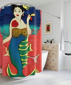 Beachy Mermaid Print Shower Curtain For Kids Bathroom Decor