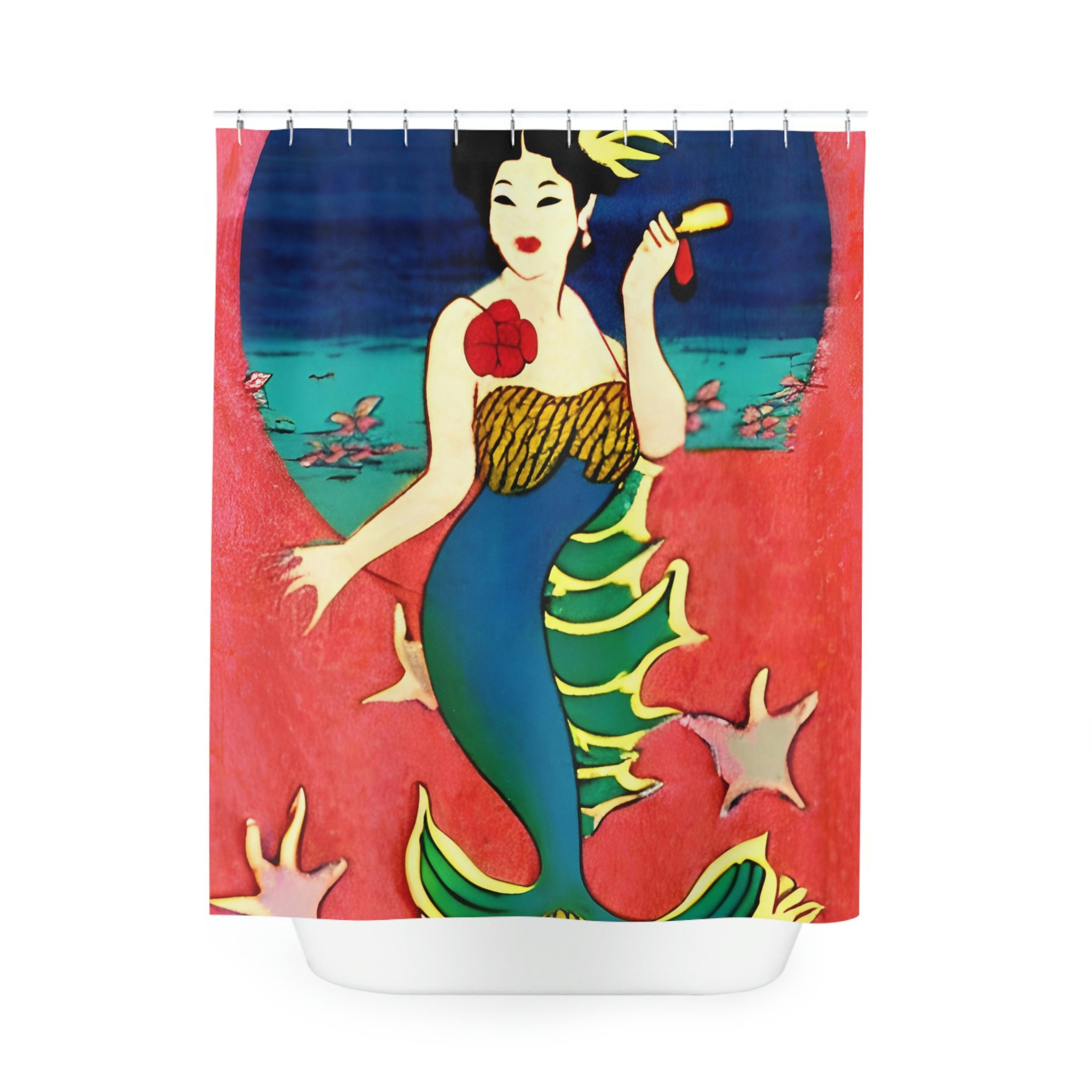 Beachy Mermaid Print Shower Curtain For Kids Bathroom Decor - Image 2