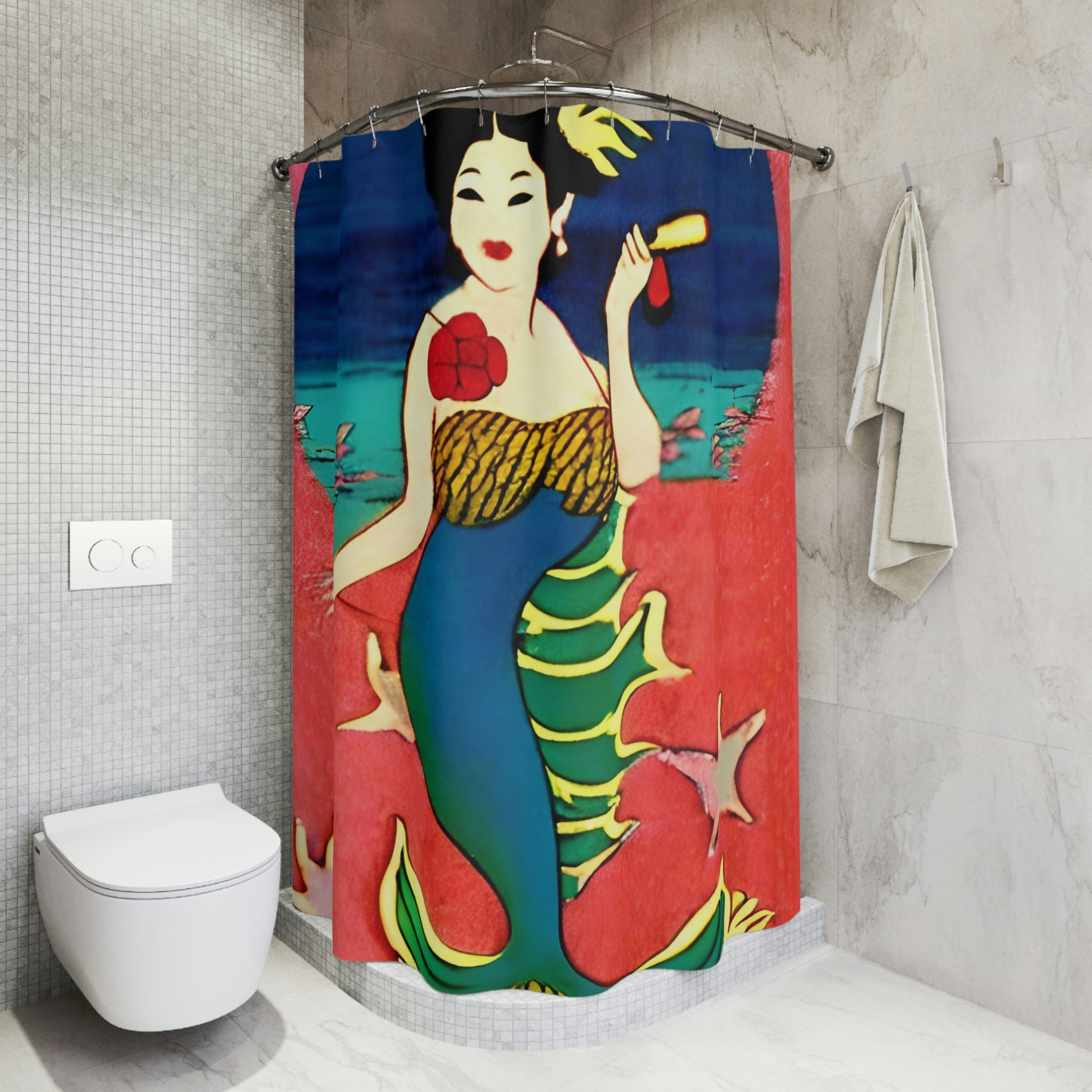 Beachy Mermaid Print Shower Curtain For Kids Bathroom Decor - Image 4