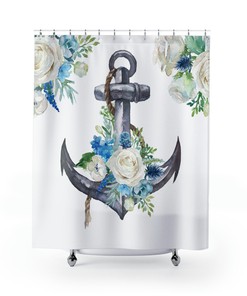 Beachy Nautical Floral Anchor Shower Curtain - Coastal Bathroom Decor and Beach House Accessories