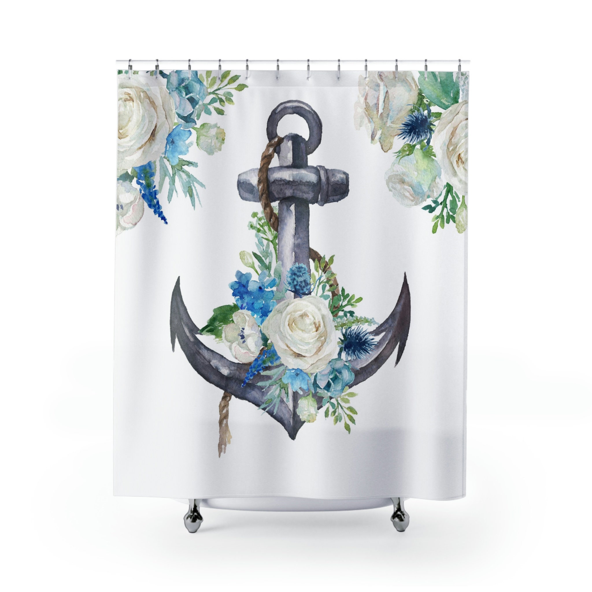 Beachy Nautical Floral Anchor Shower Curtain - Coastal Bathroom Decor and Beach House Accessories