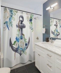 Beachy Nautical Floral Anchor Shower Curtain - Coastal Bathroom Decor and Beach House Accessories