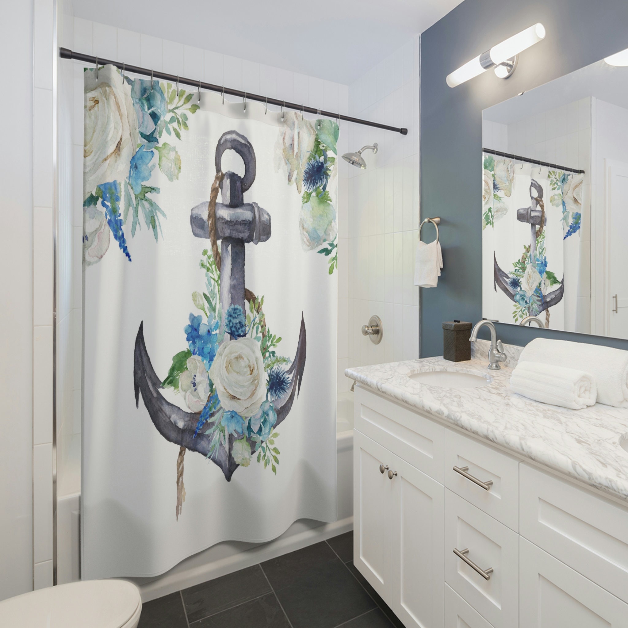 Beachy Nautical Floral Anchor Shower Curtain - Coastal Bathroom Decor and Beach House Accessories