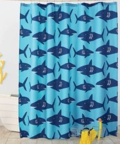 Beachy Pillowfort Shark Shower Curtain in Navy and Blue for a Tropical Bathroom Decor