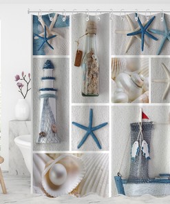 Beachy Sea Life Shower Curtain With Starfish And Shell Print For A Coastal Bathroom