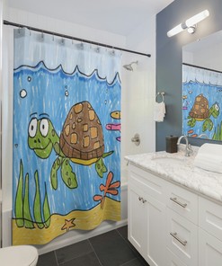 Beachy Sea Turtle Shower Curtain Waterproof Fabric for Ocean Lovers Bathroom Decor