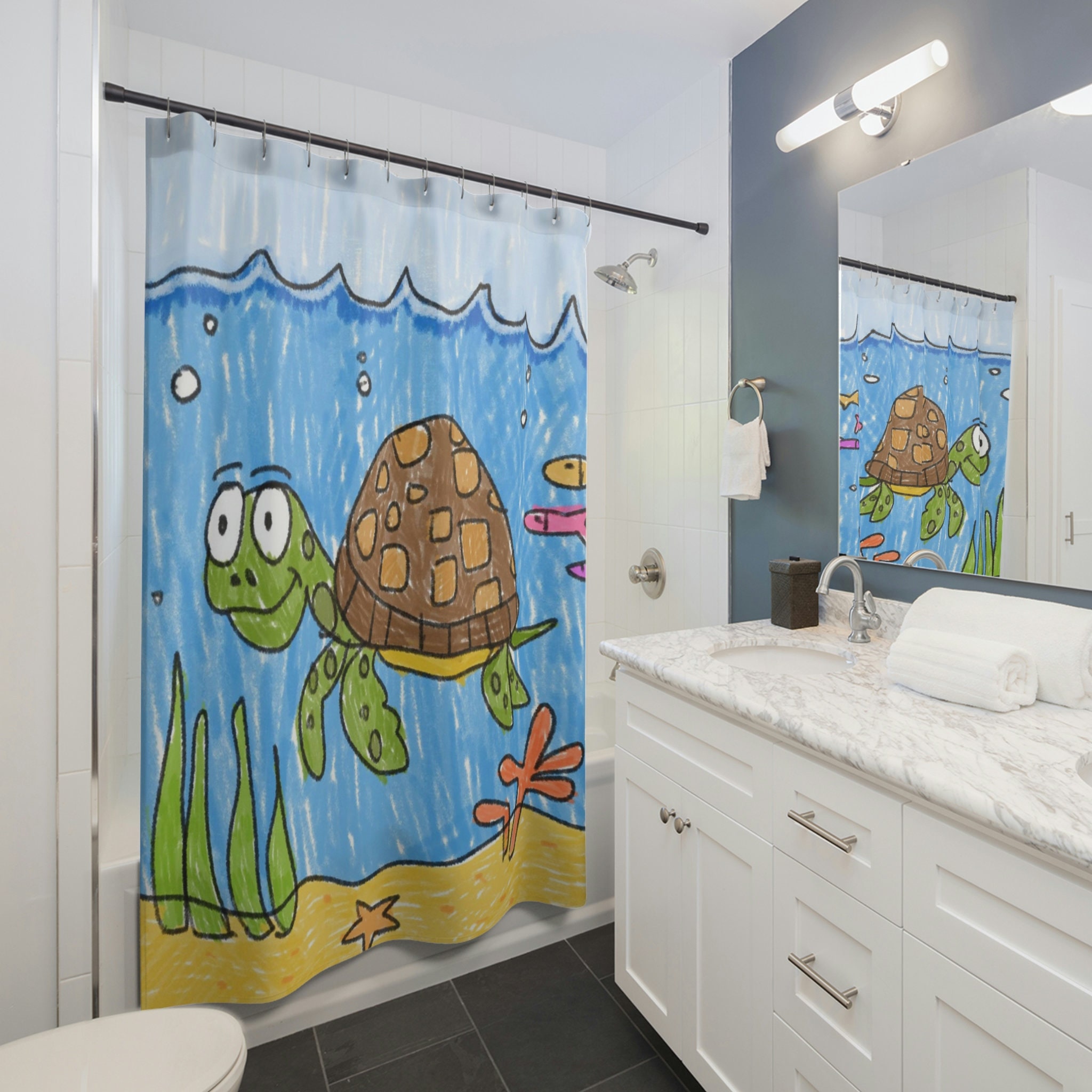 Beachy Sea Turtle Shower Curtain Waterproof Fabric for Ocean Lovers Bathroom Decor