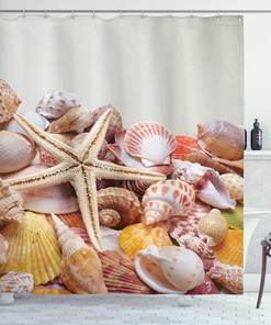 Beachy Seashell Print Shower Curtain Set With Starfish, Clams And Natural Snail Shells