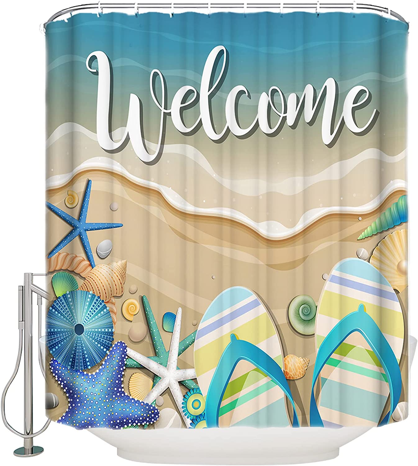Beachy Seashell Shower Curtain | Starfish Urchins Conch Ocean Bathroom Decor