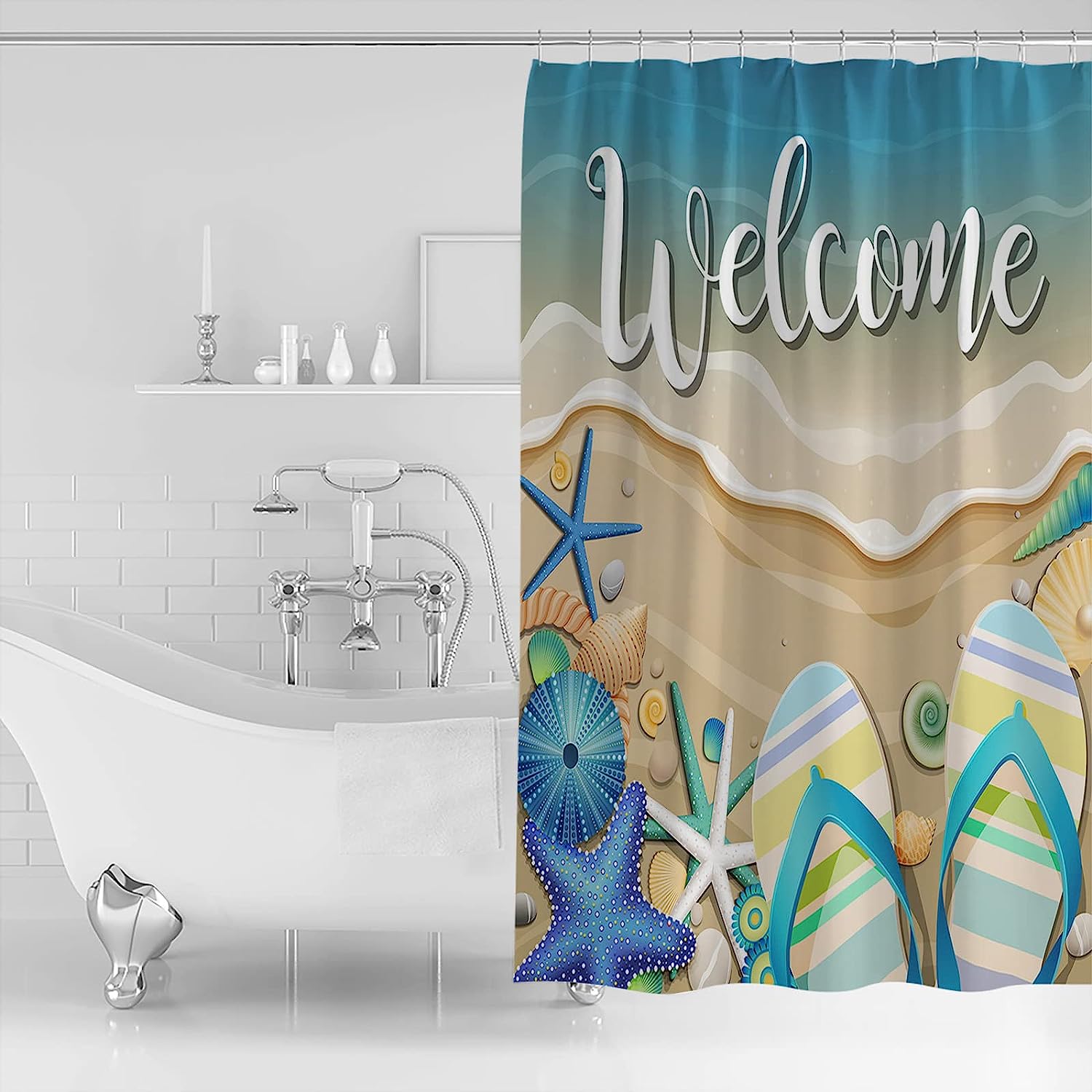 Beachy Seashell Shower Curtain | Starfish Urchins Conch Ocean Bathroom Decor - Image 2