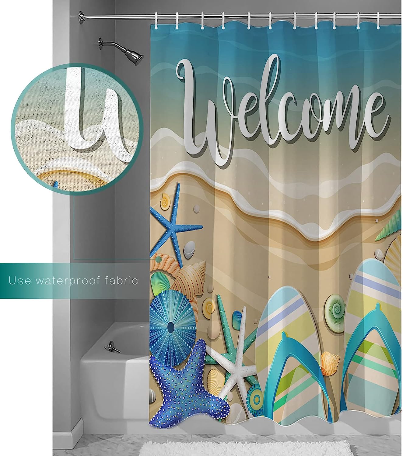 Beachy Seashell Shower Curtain | Starfish Urchins Conch Ocean Bathroom Decor - Image 3