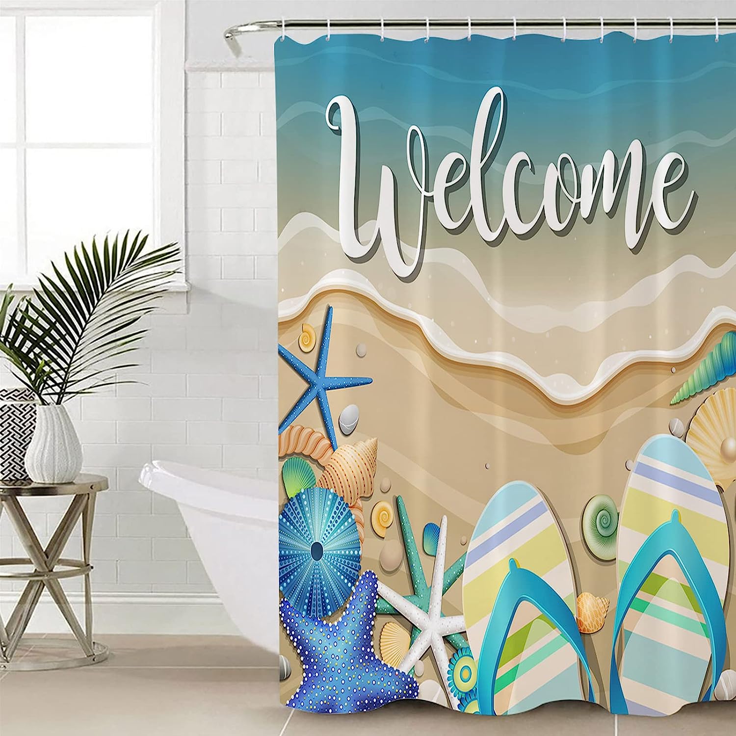 Beachy Seashell Shower Curtain | Starfish Urchins Conch Ocean Bathroom Decor - Image 4